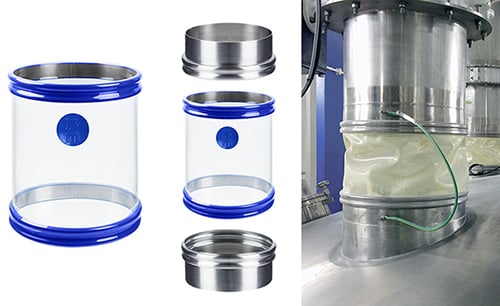 BFM® Seeflex 040E and 2 spigots floating above as well as BFM® installed in a milk powder processing plant